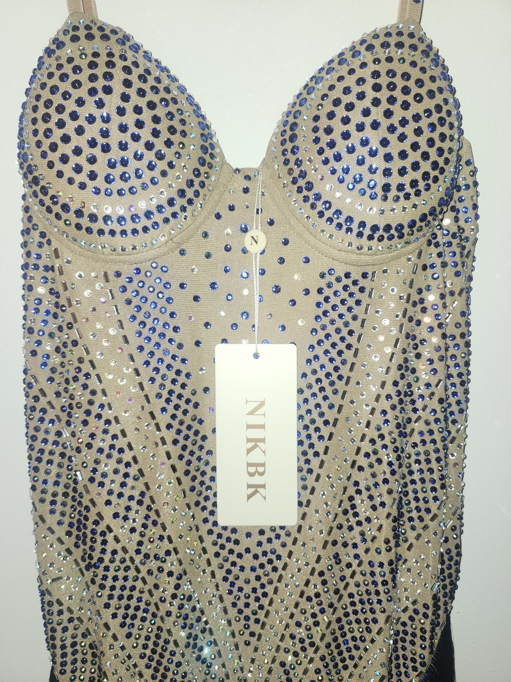NIKBK Beige and Navy Embellished Rhinestone Slip Showgirl Dress XL - Picture 2 of 3